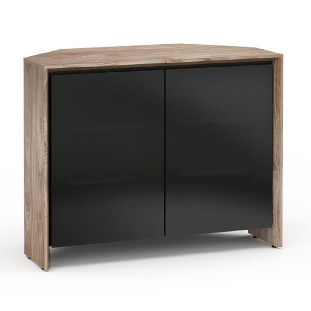 Salamander Designs Barcelona 323 Corner Double-Width AV Cabinet in Natural Walnut / Black Glass