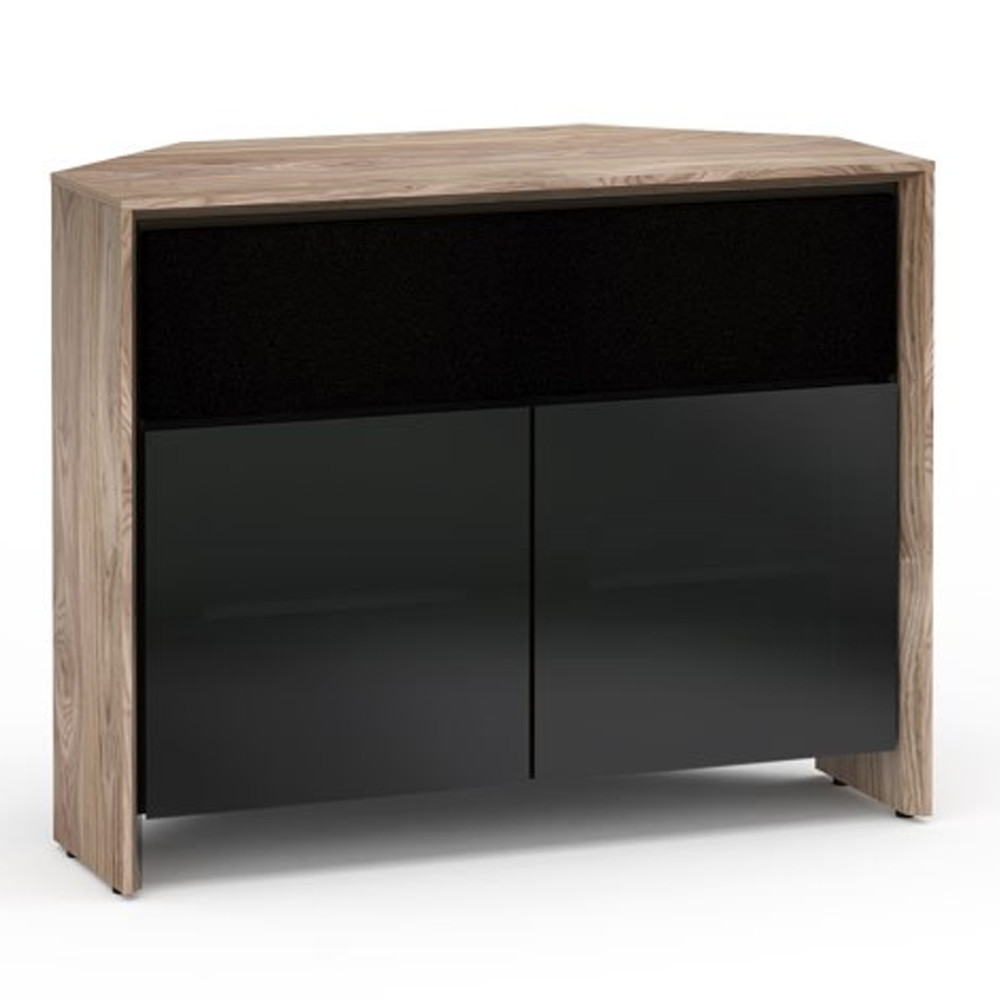 Salamander Designs Barcelona 329 Corner Double-Width AV Cabinet in Natural Walnut / Black Glass